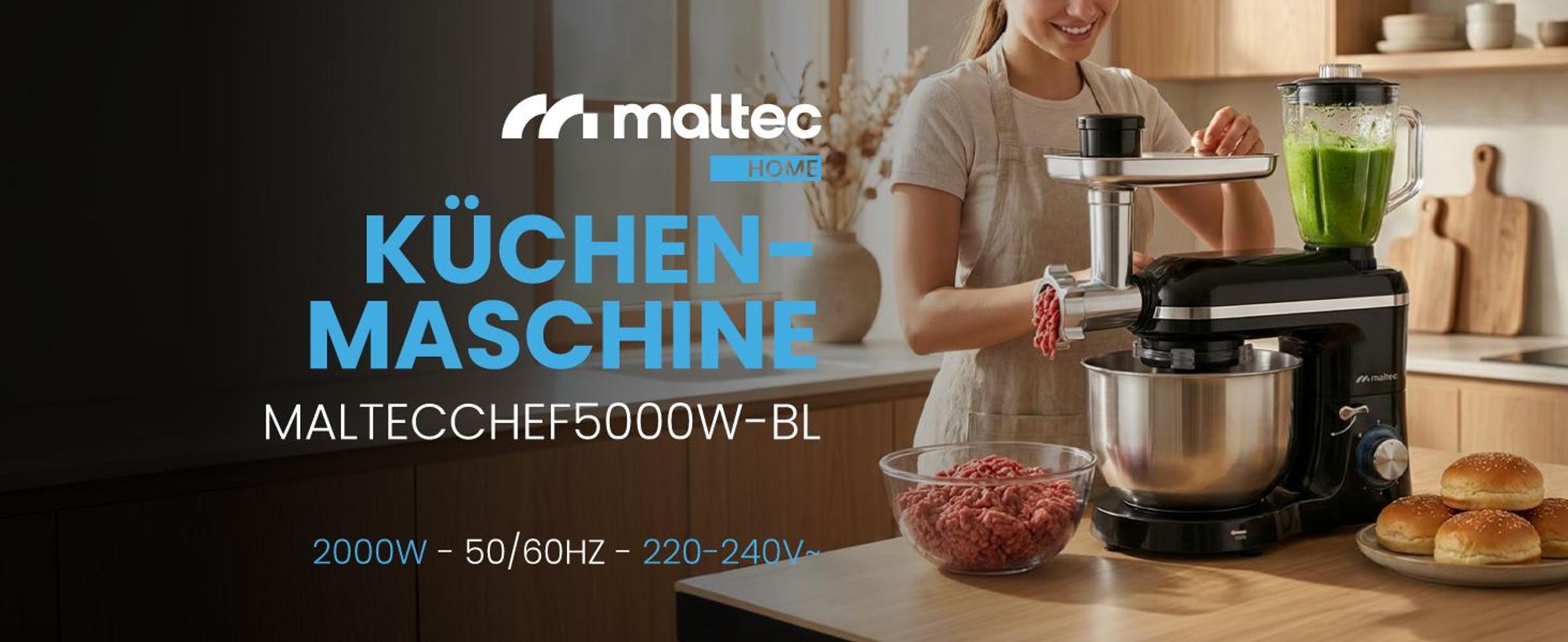 Küchenmaschine Knetmaschine Mixer mit Fleischwolf Gemüseschneider 2000W mit 6,2L Schüssel