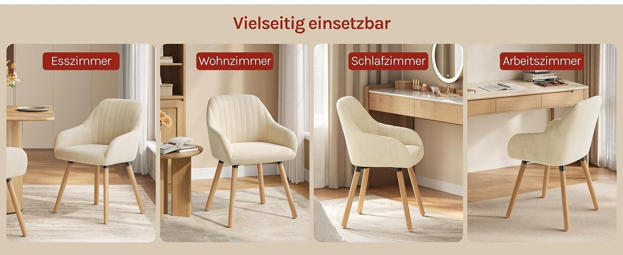 WOLTU 2er-Set Esszimmerstühle Küchenstuhl Wohnzimmerstuhl Polsterstuhl Design Stuhl mit Armlehnen Samt Massivholz Cremeweiß