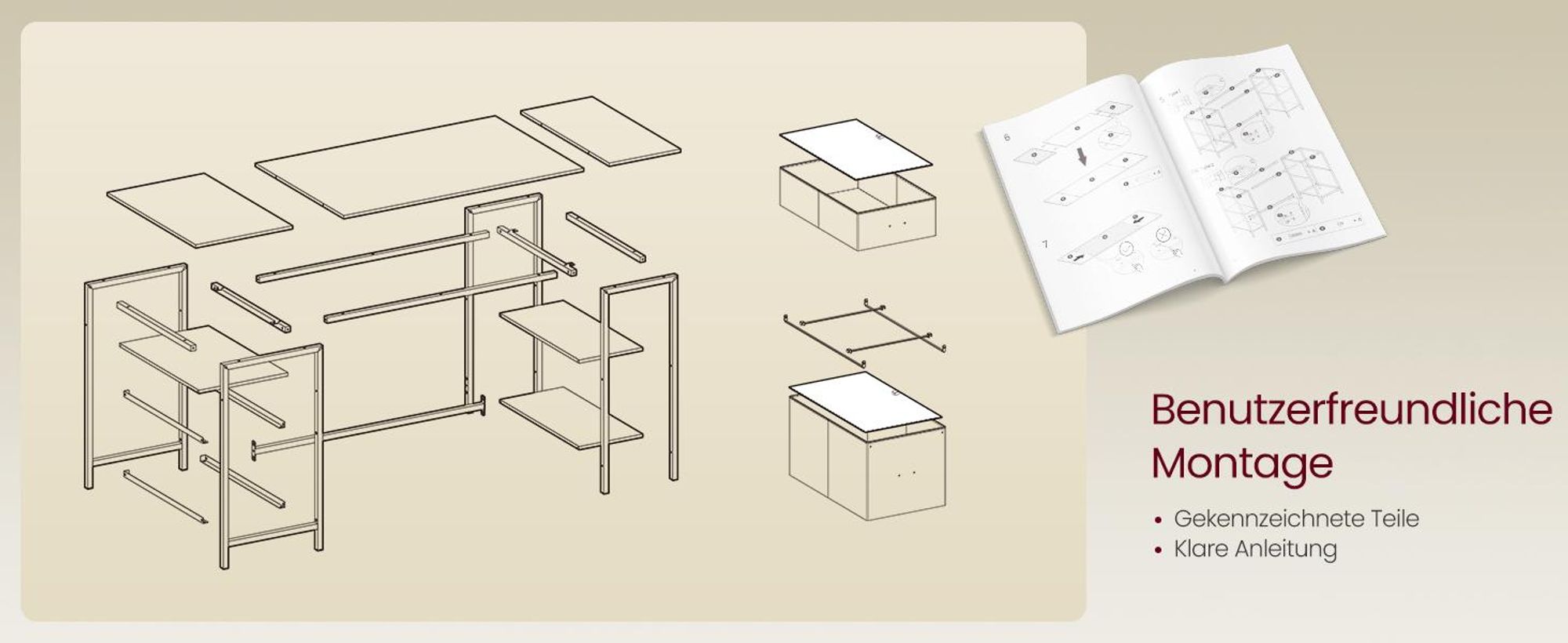 VASAGLE Schreibtisch mit 3 Ablagen, Bürotisch mit 2 Schubladen, 160 x 60 x 76 cm, moderner Stil, eichenfarben-weiß