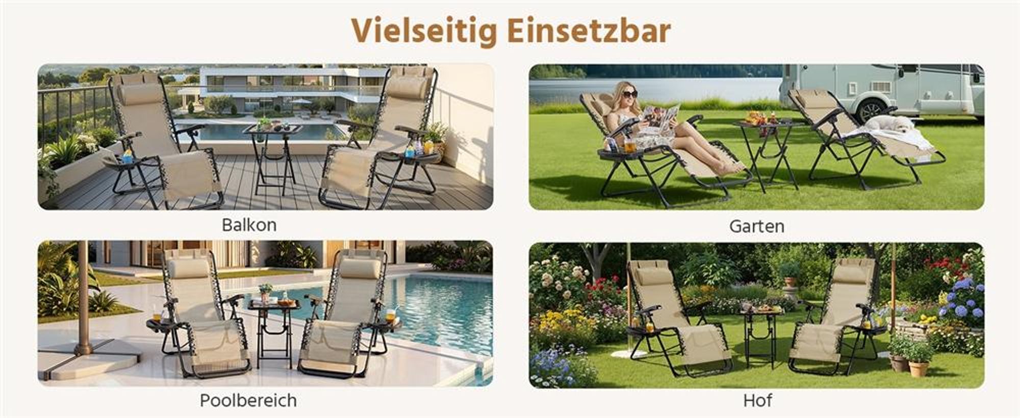 Yaheetech 3-tlg. Liegestuhl Set, inkl. 1 Beistelltisch & 2 klappbare Gartenliegen, mit Nackenkissen & Becherhalter & verstellbarer Rückenlehne
