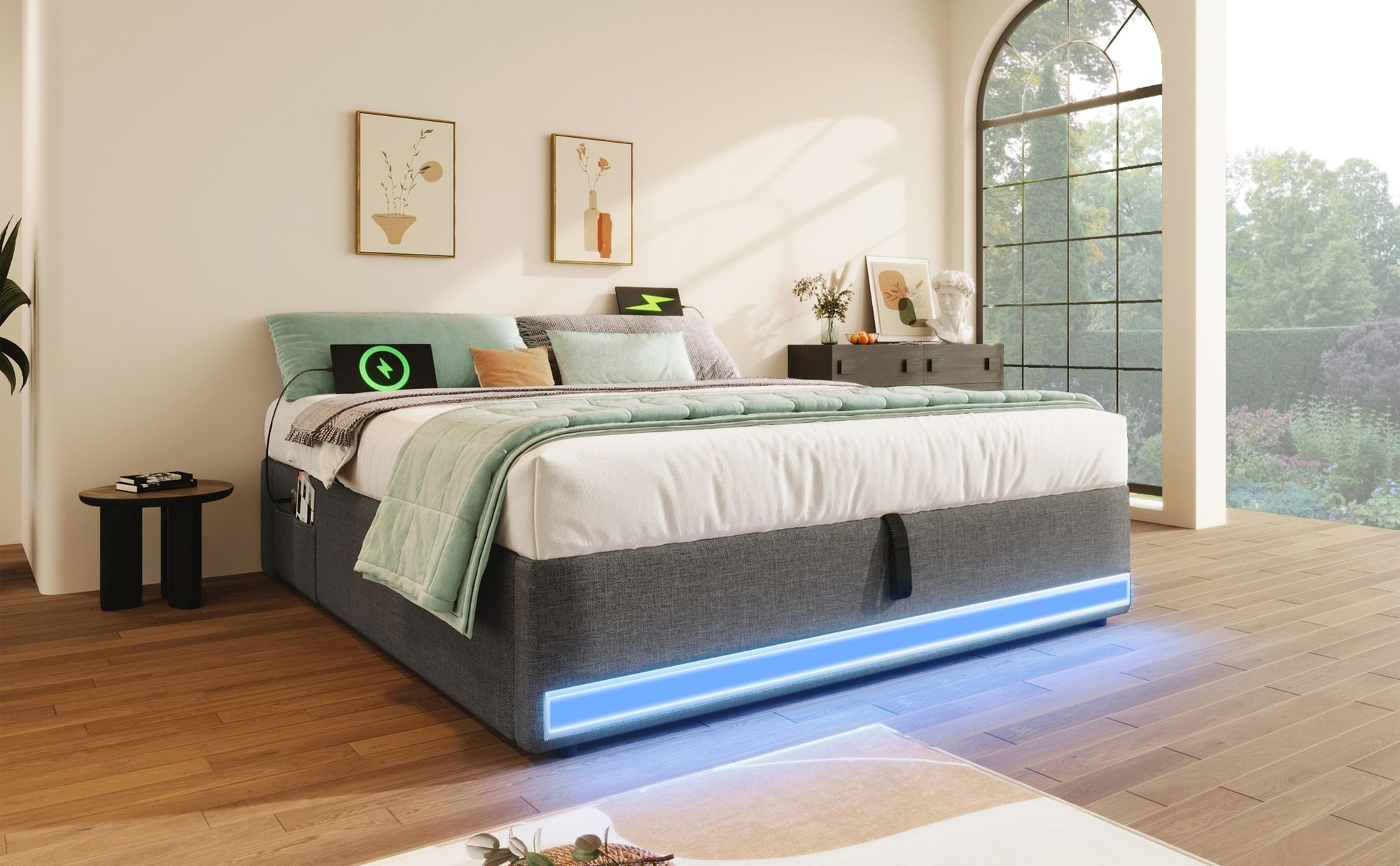 STILVORA 140×200 Polsterbett mit USB und Typ-C Ladeanschluss,Jugendbett mit LED-Licht und Aufbewahrungstaschen,Stauraumbett ohne Kopfteil mit Lattenrost,ohne Matratze,Grau