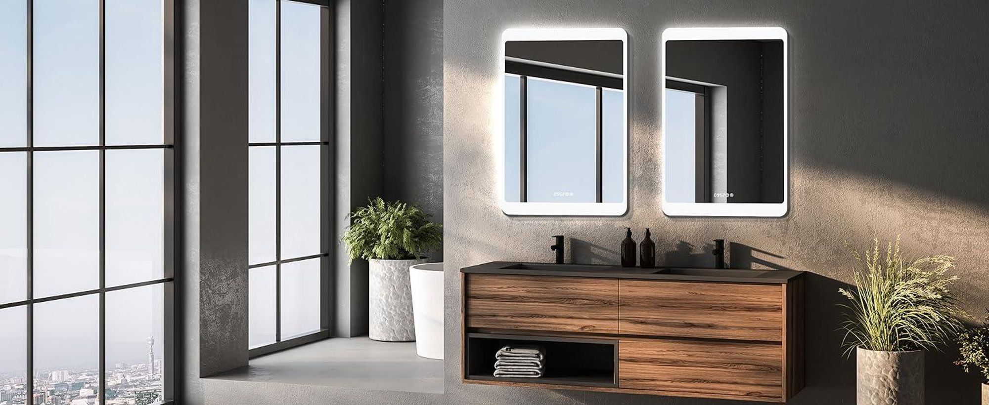 HOKO Specchio da parete LED 50x70 cm - Specchio da bagno moderno con illuminazione e orologio digitale