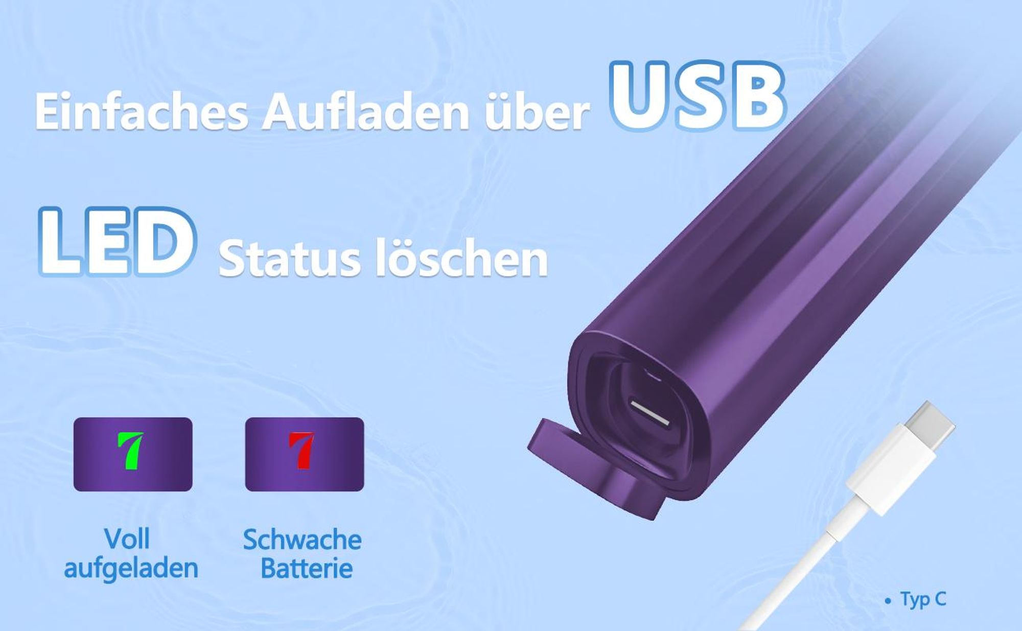 MCURO Elektrische Schallzahnbürste, 45.000 VPM, bis zu 180 Tage Akkulaufzeit, 5 Putzmodi, IPX7 wasserdicht, mit Timer & 6 Bürstenköpfen, Lila