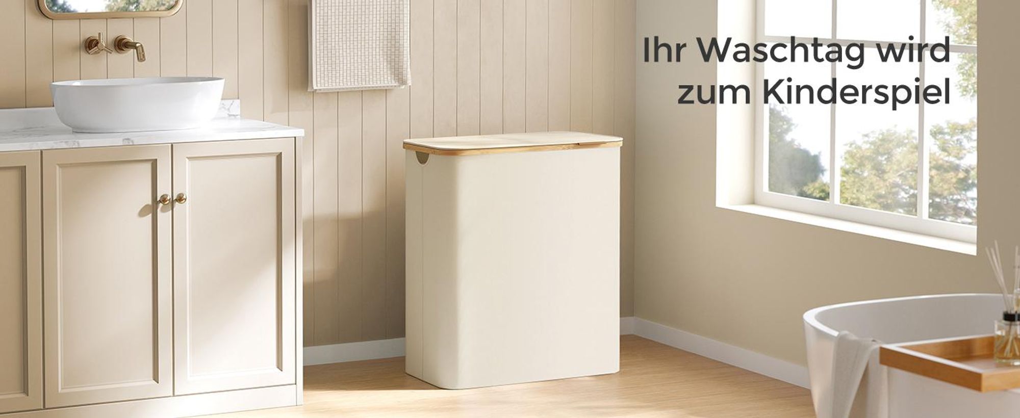 SONGMICS Wäschekorb mit Deckel, 150 L, herausnehmbarer Wäschesack,Griffe aus Bambus