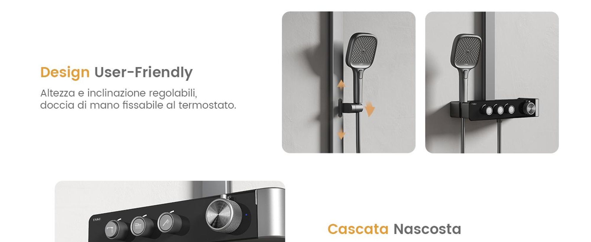 Sistema doccia EMKE con termostato Colonna doccia antracite opaca con doccia a pioggia quadrata 360×240 mm, bocca da bagno, regolatore di flusso e mensola in vetro F27