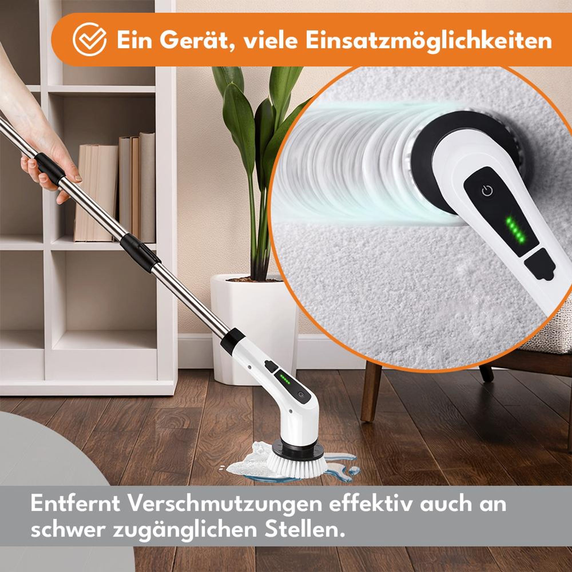 KRUMAD Kabellose Elektrische Reinigungsbürste 8in1, Akkubetrieben mit 3 Aufsätzen, LED-Display, USB-Ladung für Küche, Bad, und mehr