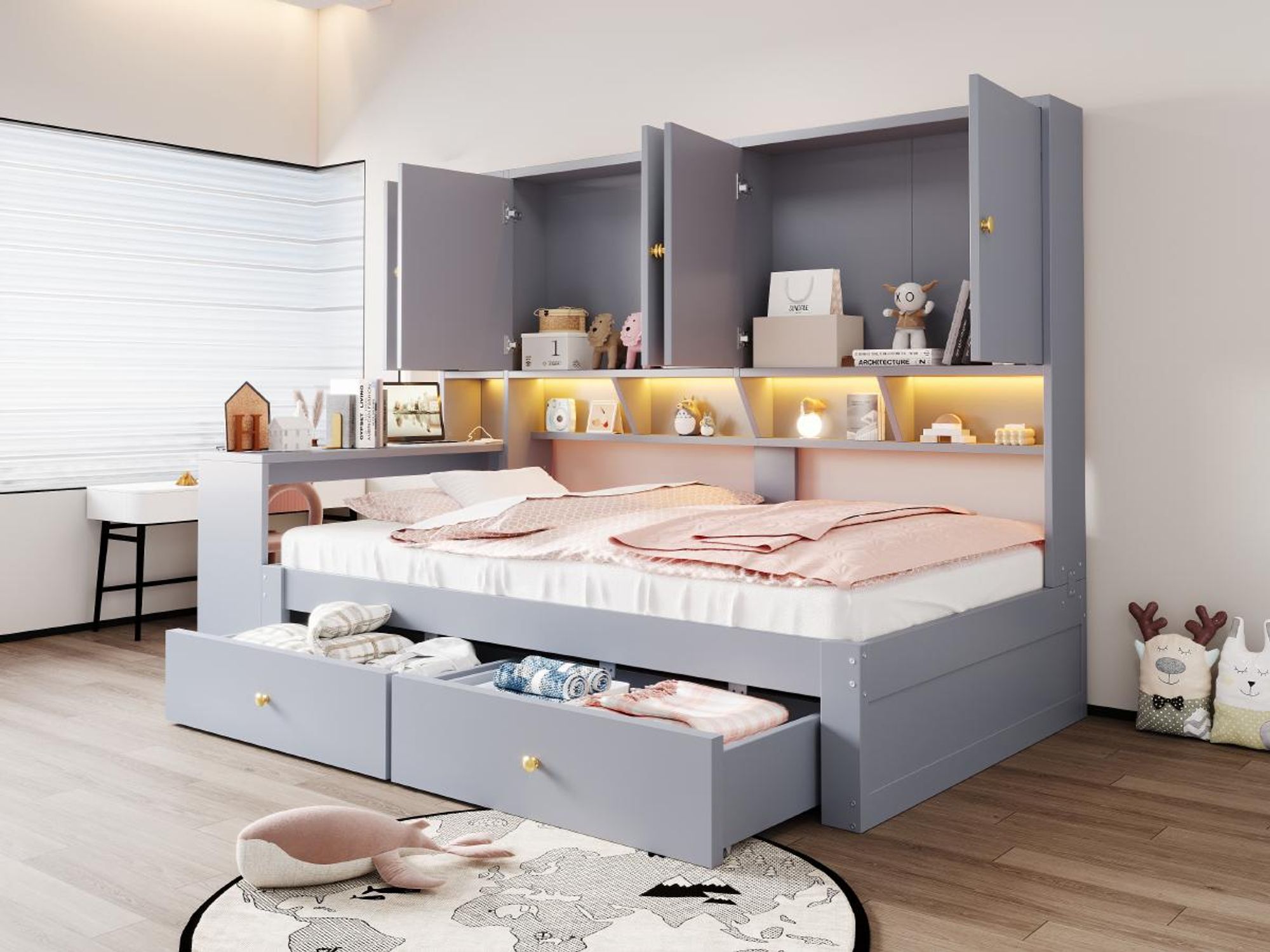 Flieks Jugendbett 90x200cm mit Schreibtisch, Einzelbett mit Schränken und Ablagefächern, Holzbett mit Schubladen, LED-Beleuchtung und Steckdosen, Grau