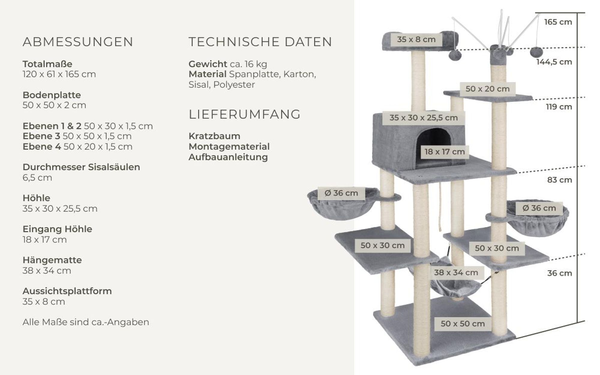 tectake® Kratzbaum Lilou 165 cm inklusive 4 Spielbällen, Kordel und Kippschutz