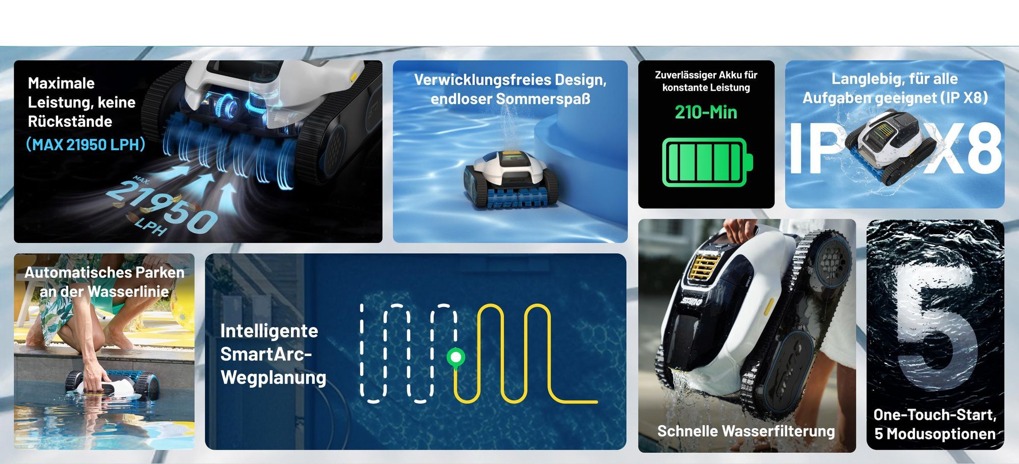 Mammotion Poolroboter Spino E1 Kabellos Poolsauger bis 150m² Pools, 6 Ah, 210 Min Laufzeit, App, SmartArc Routenplan, für Boden, Wand, Wasserlinien
