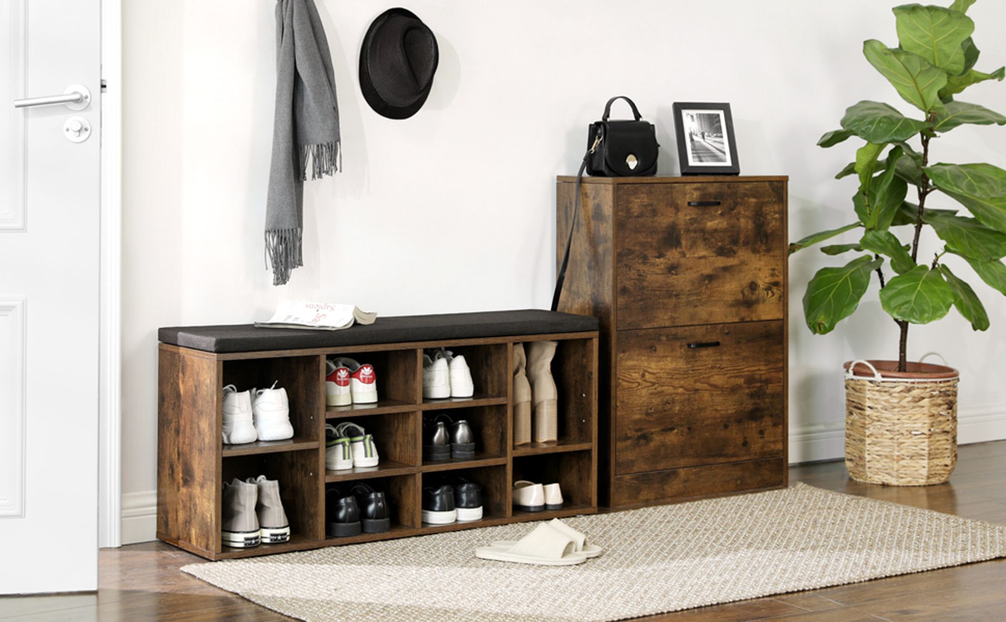 VASAGLE Schuhbank, Sitzbank, 10 Fächer, Länge 104 cm, Braun