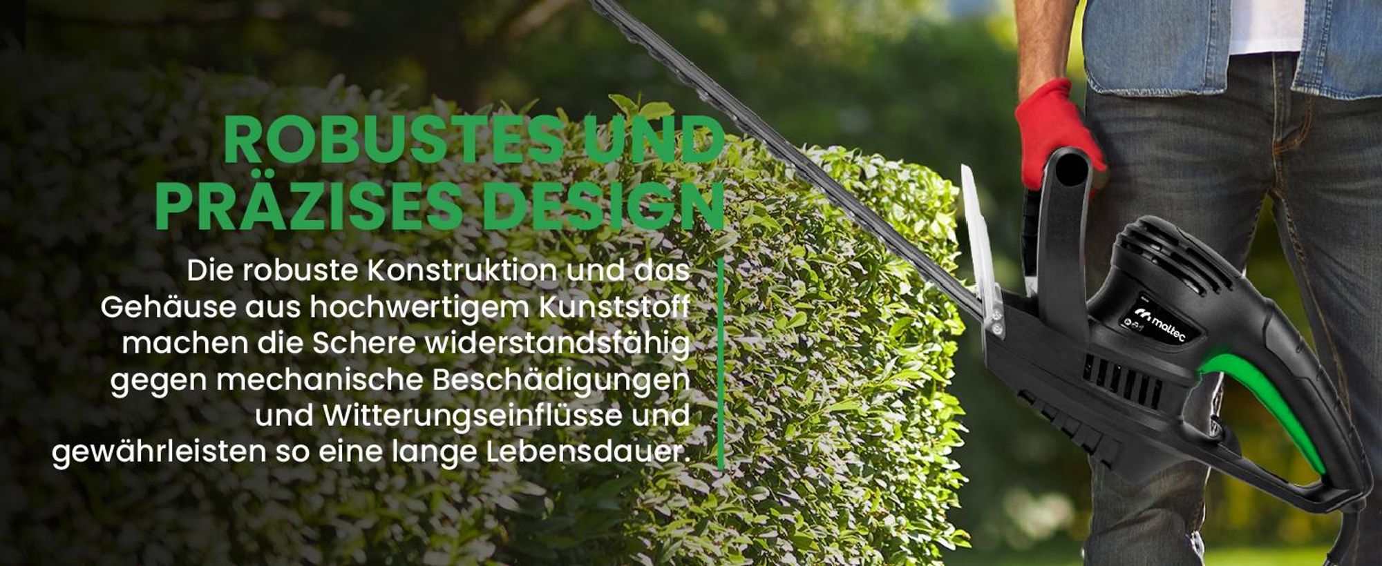 Elektrische Heckenschere mit 50cm Schnittlänge, Handschutz, Schwertschutz und Schutzbrille