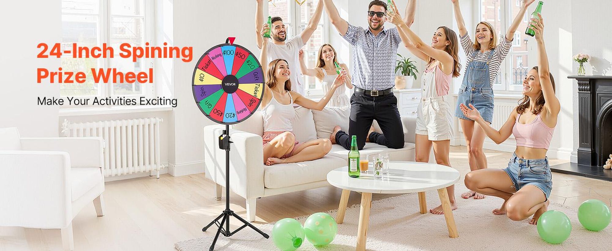 VEVOR 610 mm Drehpreisrad, 14 Slots Drehrad mit Stativ, höhenverstellbares Gewinnroulette mit einem abwischbaren Stift und 2 Markern, 6 Farben, einfache Montage, für Party, Pub, Messe, Karneval, Stativständer Stil, 14 Fächer