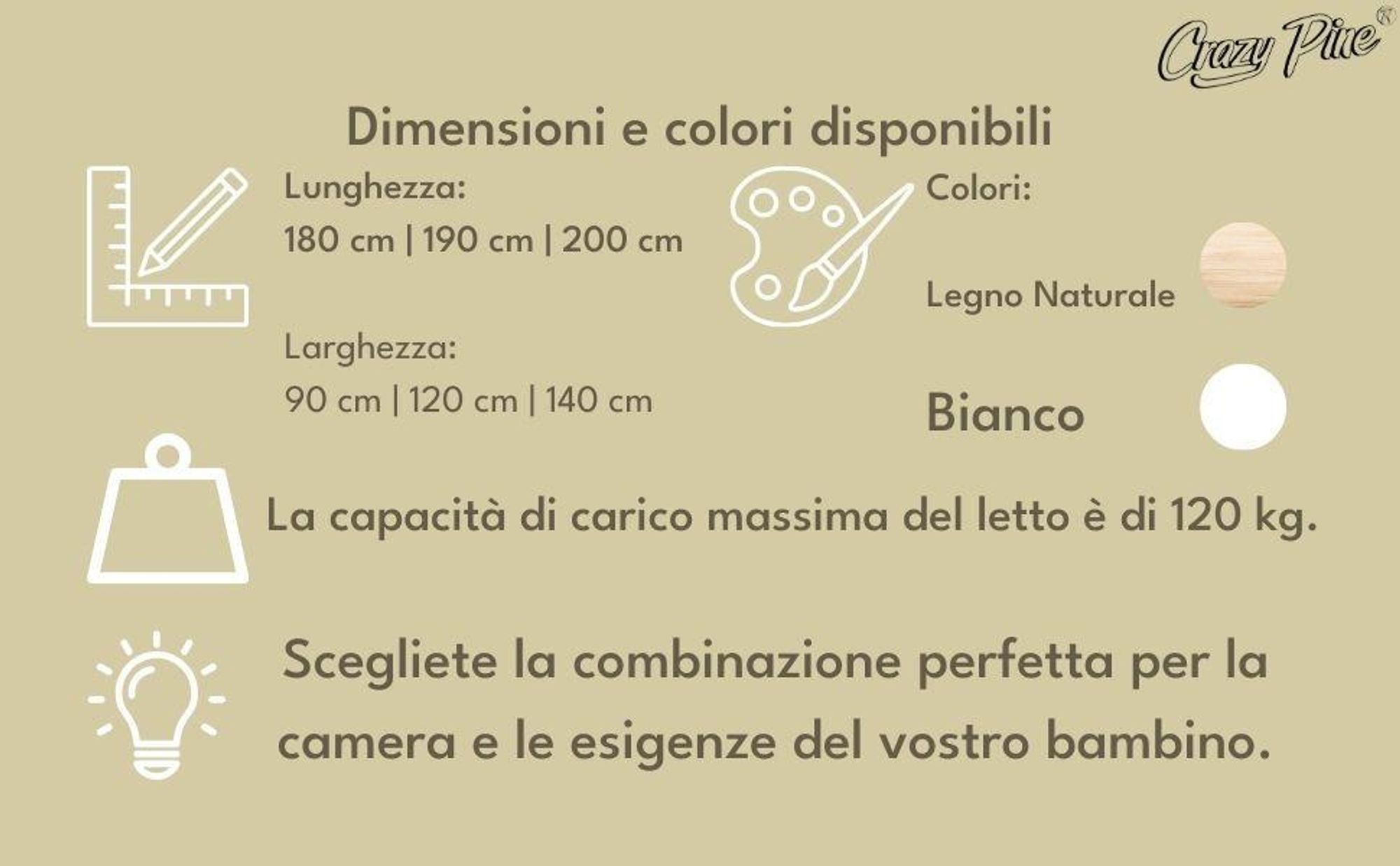 Crazy Pine Letto a Casetta 120x200 cm – Letto Montessori da Pavimento a Casetta in Legno Naturale – Gambe Regolabili in Altezza – Crazy Blanco