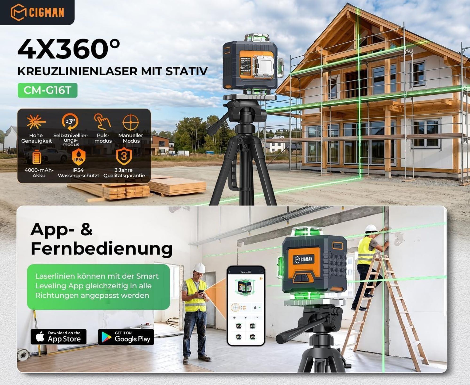 CIGMAN CM-G16T Set Krížový Laser 4x360° | 16-Liniový so Statívom 1,42m
