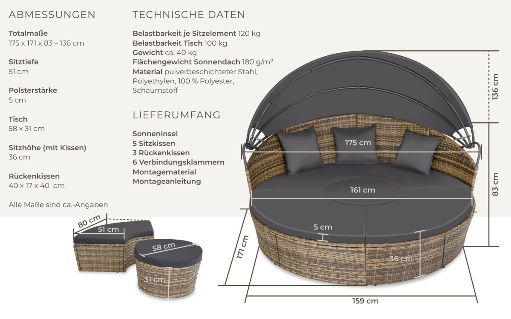 tectake® Rattan Sonneninsel Santorin widerstandsfähig UV-beständig