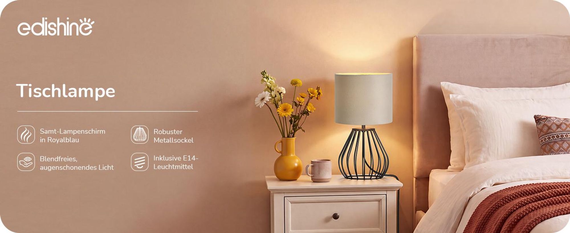 EDISHINE Nachttischlampe, Champagner-Samt-Lampenschirm, inklusive 4W LED E14-Fassung, 2700K Warmweiß, schwarzer Metallsockel im Tropfen-Design