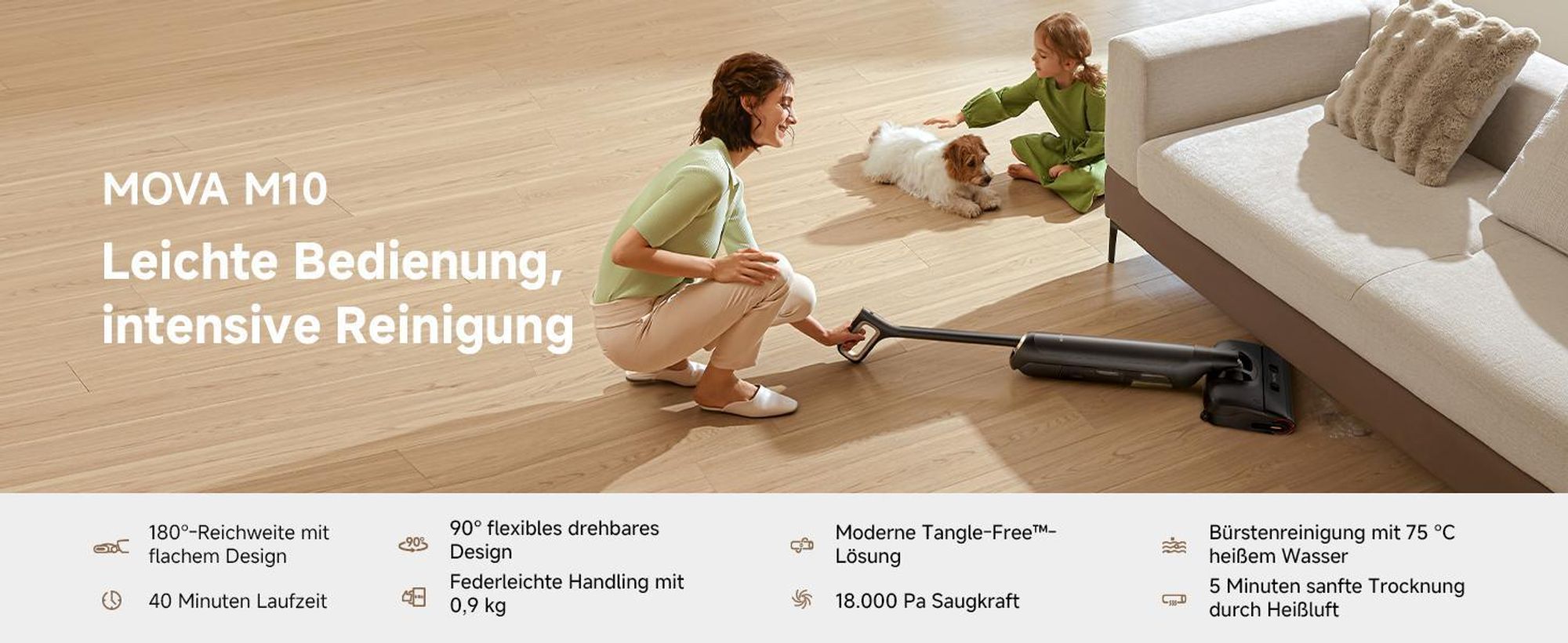MOVA M10 Nass- & Trockensauger, Tangle-Free™, 18 kPa, 75 °C Selbstreinigung + 2×500 ml Reinigungsflüssigkeit