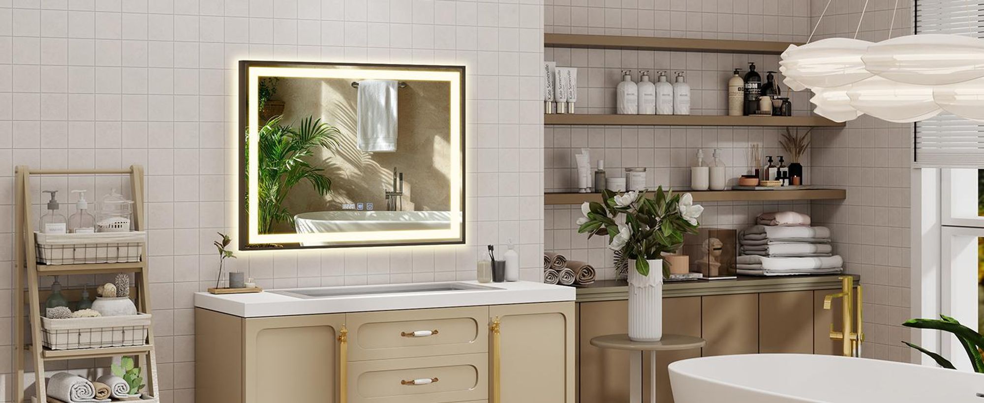 Puluomis Badspiegel 70x50 beschlagfrei mit 3 Farbe Beleuchtung, dimmbare Helligkeit, Badezimmerspiegel mit Digitaluhr, Temperatur schwarz