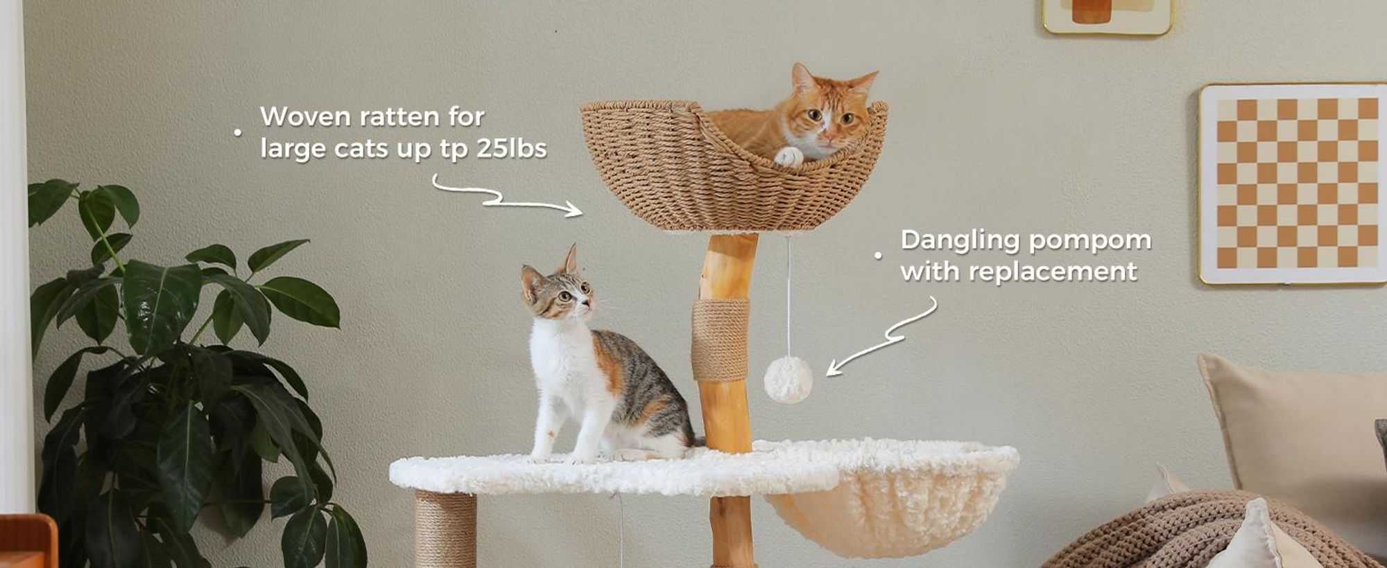 PURPURRA 123 cm Moderner Katzenbaum Turm für große Katzen mit Blumen-Sitzstange, natürliches Massivholz Katzenkratzbäume