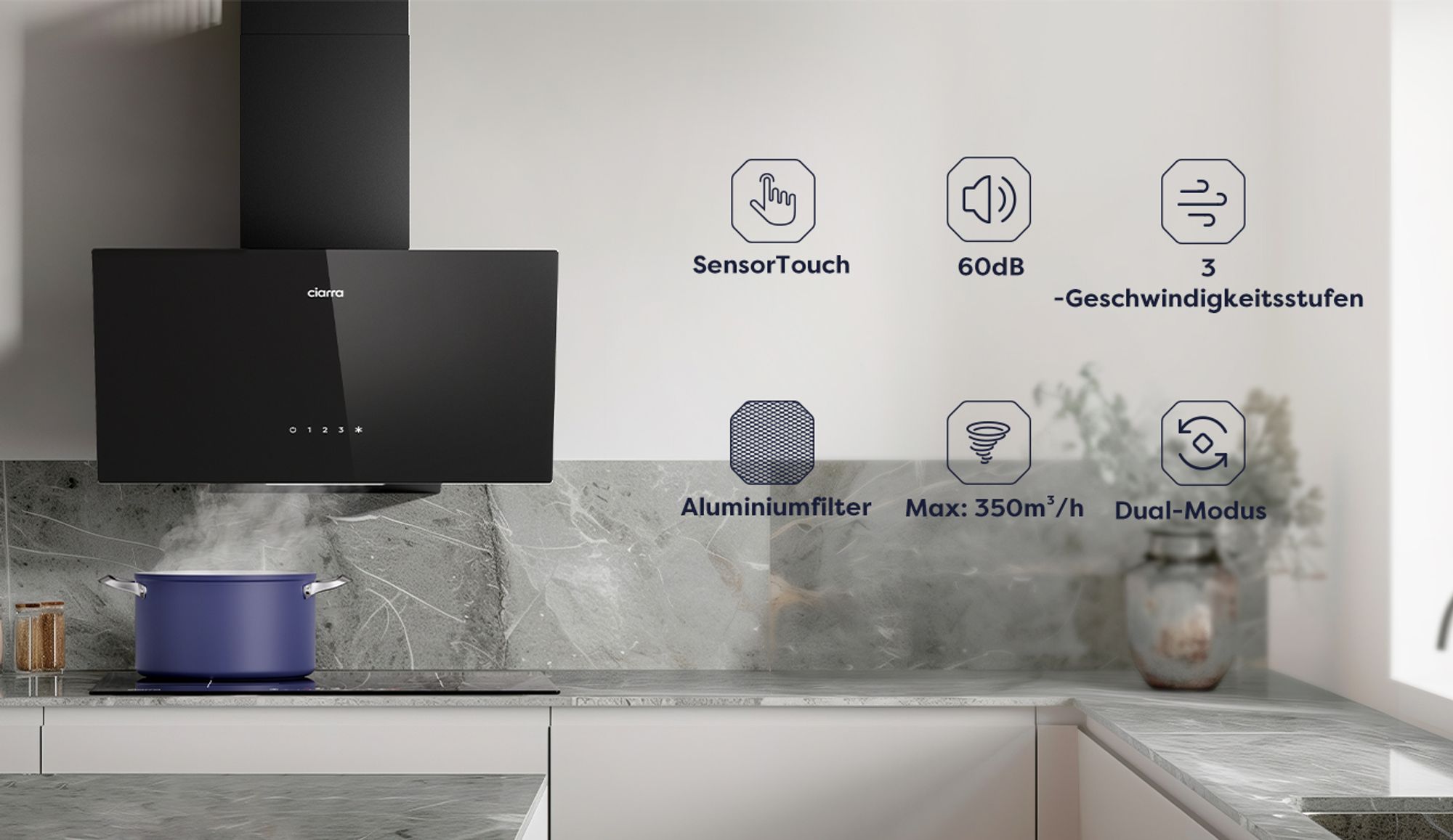 CIARRA A++ Dunstabzugshaube 60cm Kopffreihaube 350 m³/h Kopffreie Schräghaube Wandmontage Abzugshaube SensorTouch VMB6750C