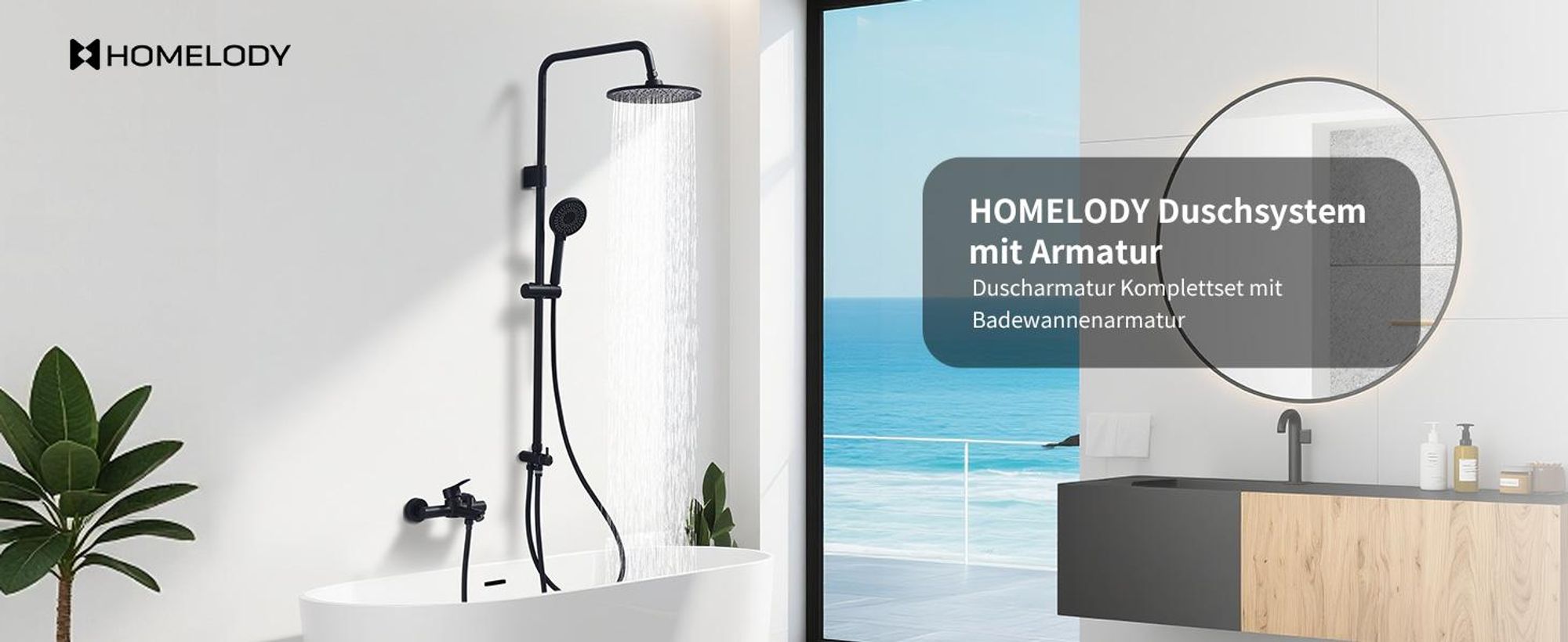 Homelody Duschsystem,Regendusche Duschset mit Armatur,Überkopfbrause Handbrause Duschsäule mit Umsteller,Edelstahl,Vier Wassersprühfunktionen Schwarz