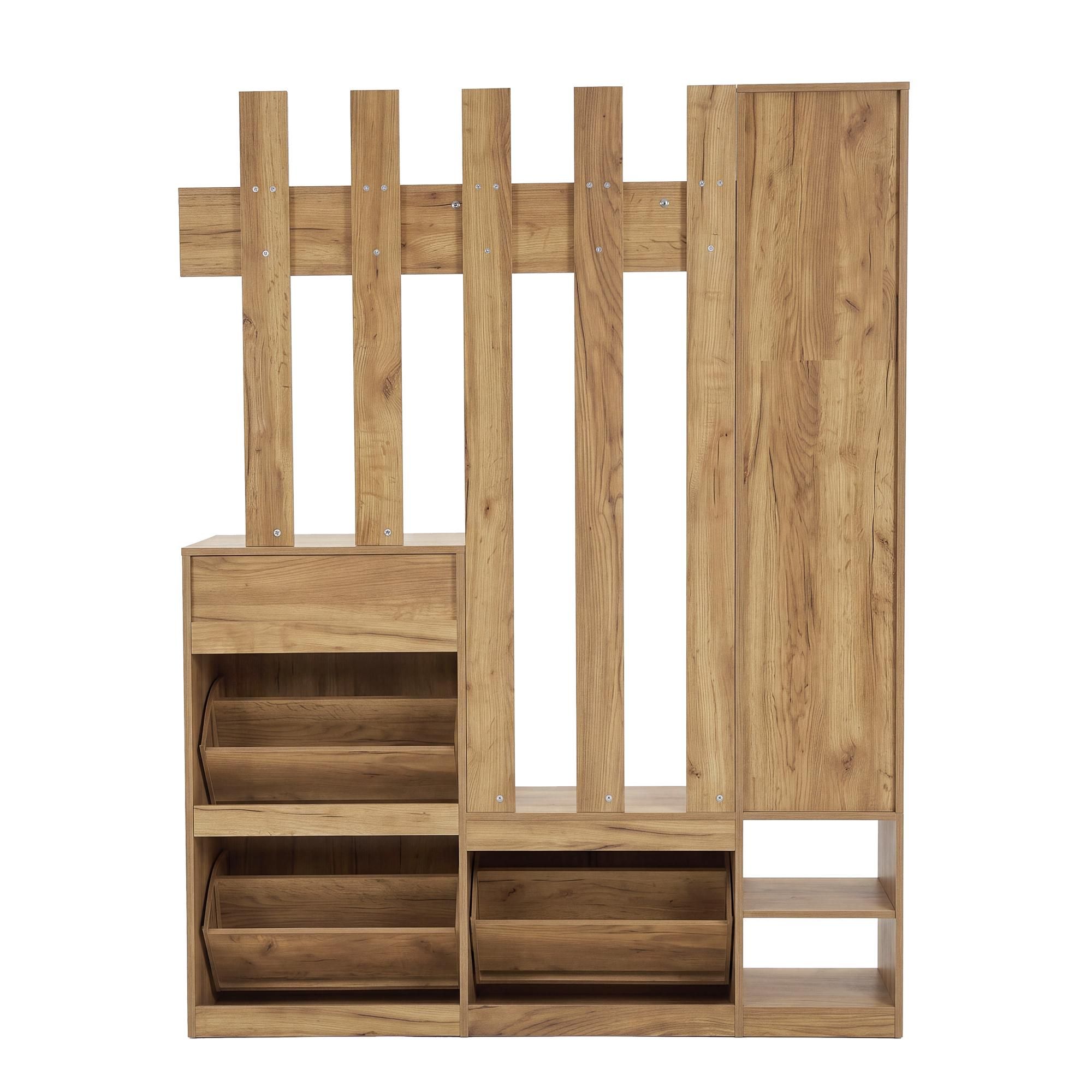 Merax Kleiderschrank in Landhausstil mit Kleiderstange, Schlafzimmerschrank mit 2 Türen, 2 Schubladen und offene Regale, Flur Garderobe, Eiche