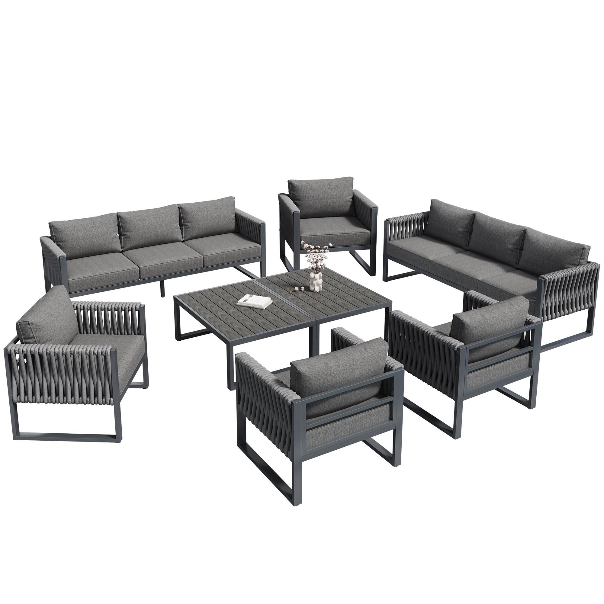 Flieks Gartenlounge-Set 8-tlg., Gartenmöbelset mit Tisch und Gartenstuhl, Balkonmöbelset für 10 Personen, Gartengarnitur mit Verstellbaren Füßen, Grau