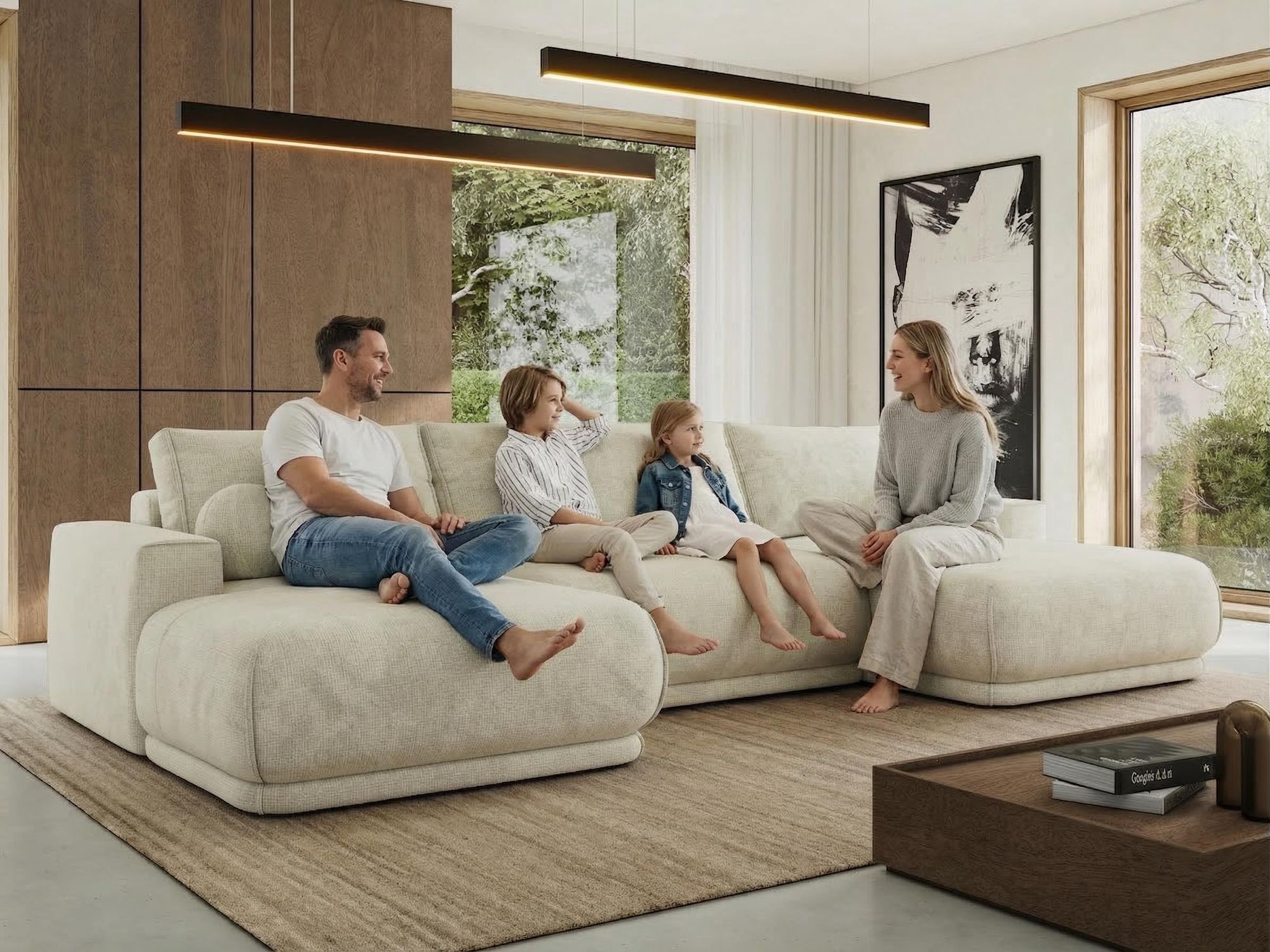 Familie entspannt gemeinsam auf beigem Ecksofa im hellen Wohnzimmer.