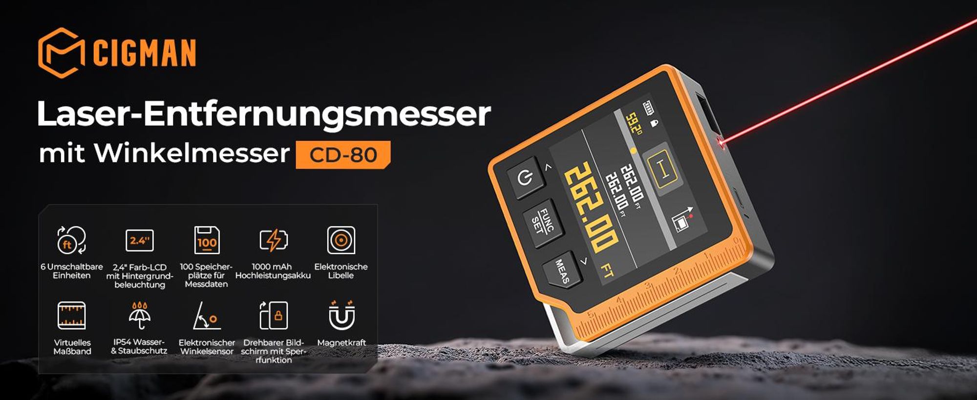 CIGMAN CD80 3-in-1 Laser-Entfernungsmesser 80m, Winkelmesser, USB-C Akku