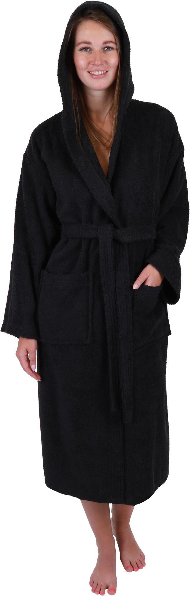 Betz Bademantel mit Kapuze FULDA Größe S/M Farbe schwarz Baumwolle für Herren und Damen Saunabademantel langer Bademantel Saunamantel