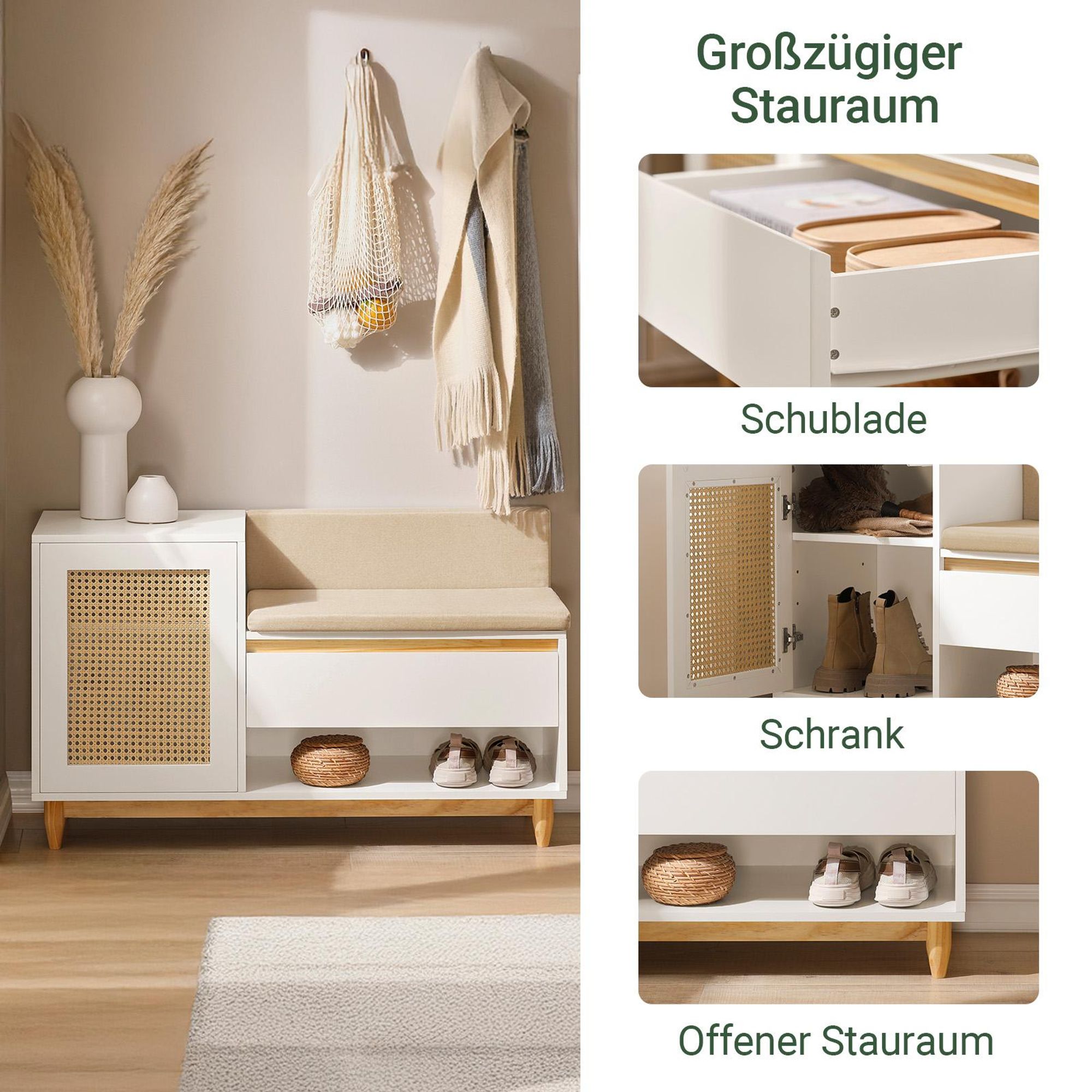 SoBuy Schuhbank mit Stauraum, Sitzbank für Flur mit Schuhregal und Gitteroptik, schmale Dielenbank für Eingang & Garderobe, Weiß-Natur FSR128-W