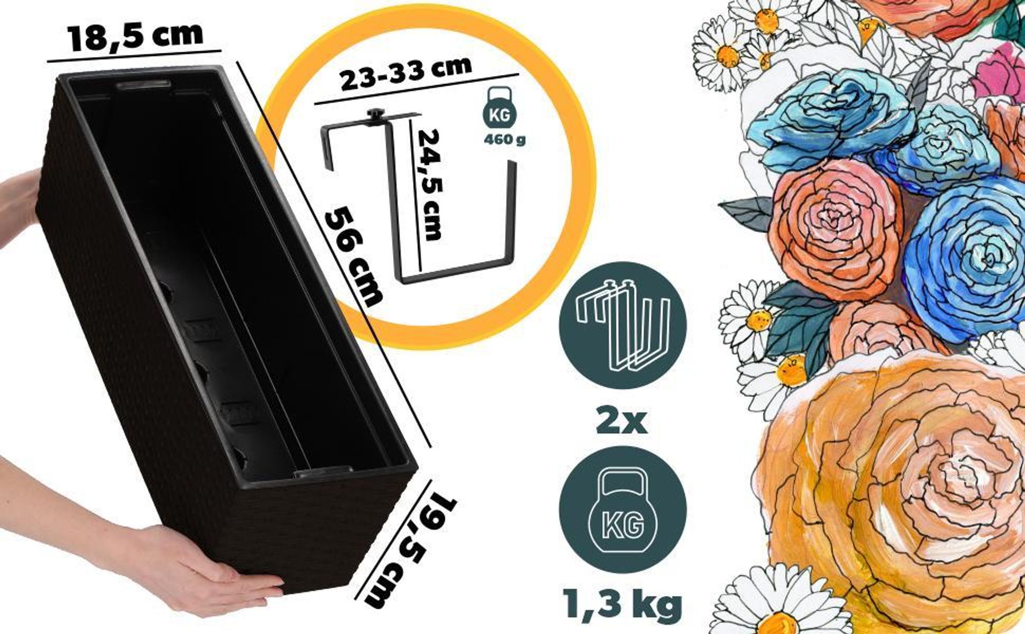 KADAX Blumentopf mit Einsatz "Murano", 56 cm, Mit Halterungen, Rattanmuster, Mokka
