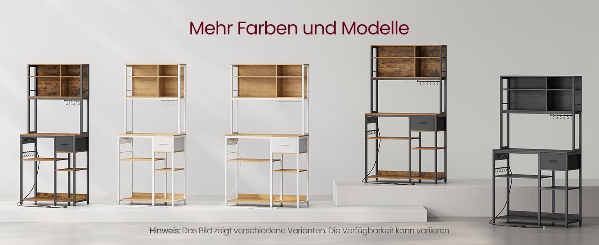 VASAGLE Küchenregal mit Steckdosen, Standregal, Mikrowellen-Regal, verstellbare Ablagen, Stoffschublade, 12 Haken, 40 x 100 x 180,4 cm, für Mikrowelle