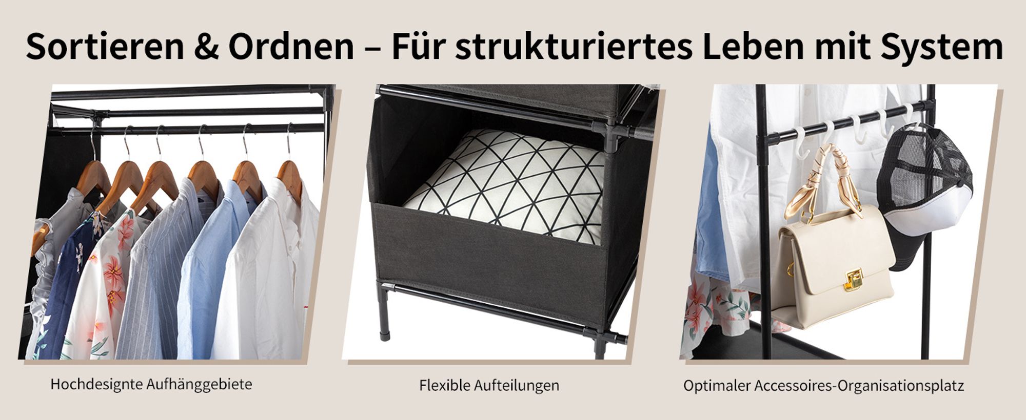 Stoffschrank Kleiderschrank, Kleiderstange und Ablagen，4-layer Doppelreihe, hochbeinig, 105*45*170cm，Schwarz