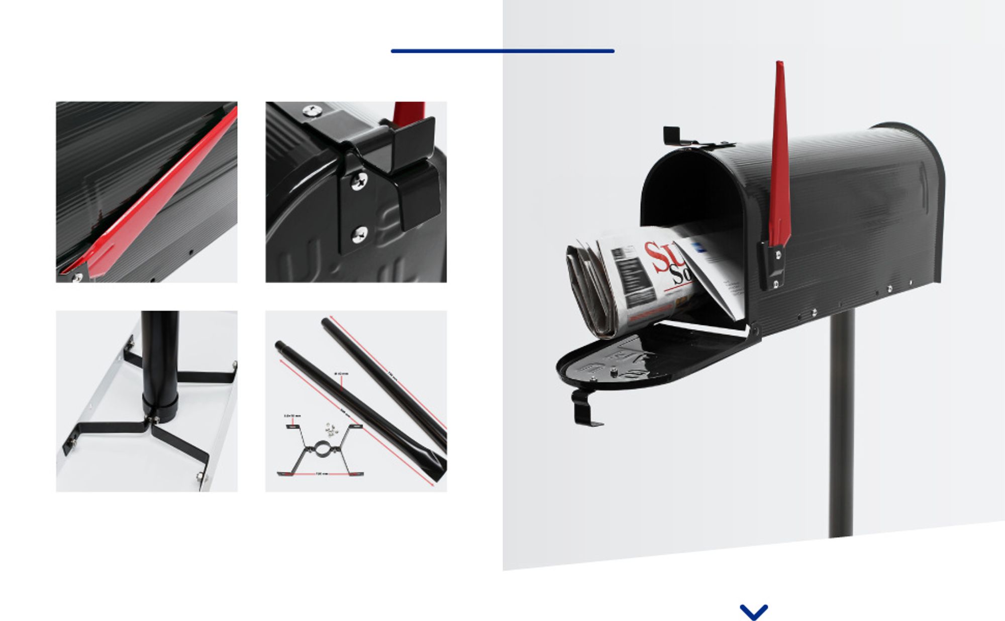 Wiltec Set US Mailbox schwarz 180 x 220 x 480 mm, amerikanischer Briefkasten mit Fahne, Standbriefkasten Stahl amerikanisches Design mit passendem Standfuß