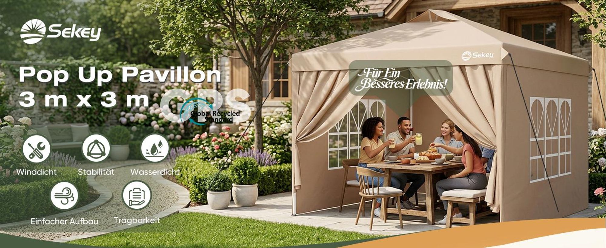 Sekey Faltpavillon 3x3 m Pop Up Gartenpavillon wasserdicht winterfest inkl 4 Seitenteilen Partyzelt für Garten Terrasse, Taupe