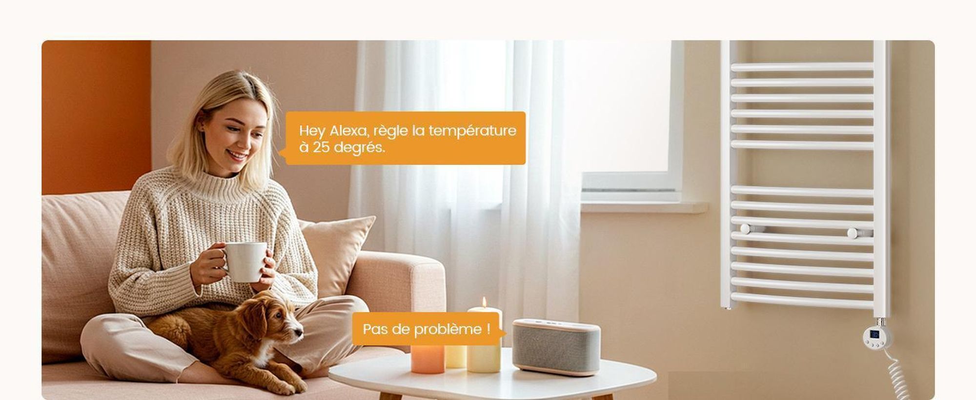 EMKE Radiateur électrique de salle de bain 140 x 50 cm 600 W blanc Radiateur sèche-serviettes courbéWi-Fi Thermostat intelligent Sèche-serviettes