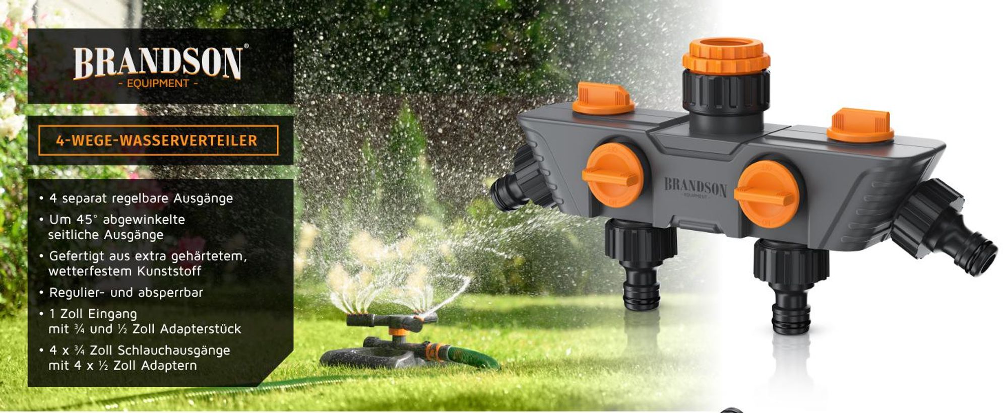 Brandson 4-Wege-Wasserverteiler für den Gartenschlauch, vier separat regelbare Ausgänge