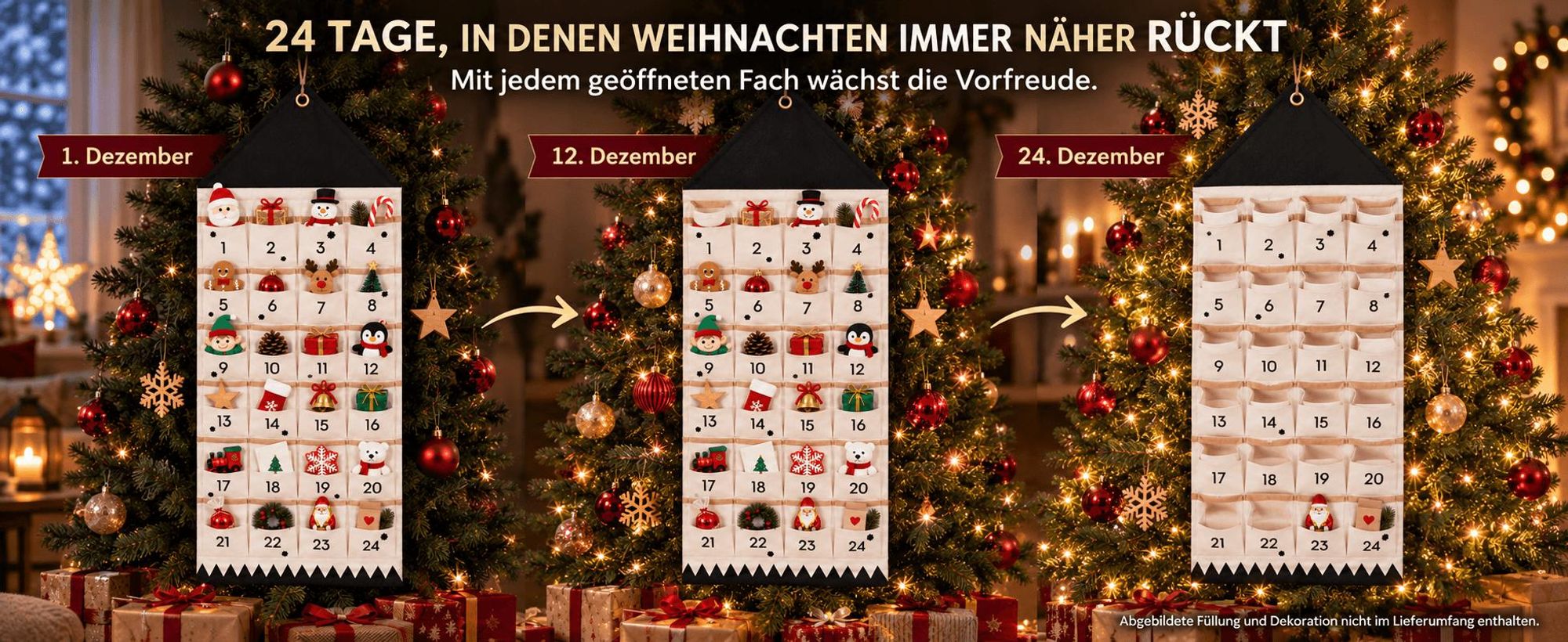 Adventskalender 24 Taschen zum Befüllen, Stoff Weihnachtskalender zum Aufhängen, wiederverwendbar, Weihnachtsdeko