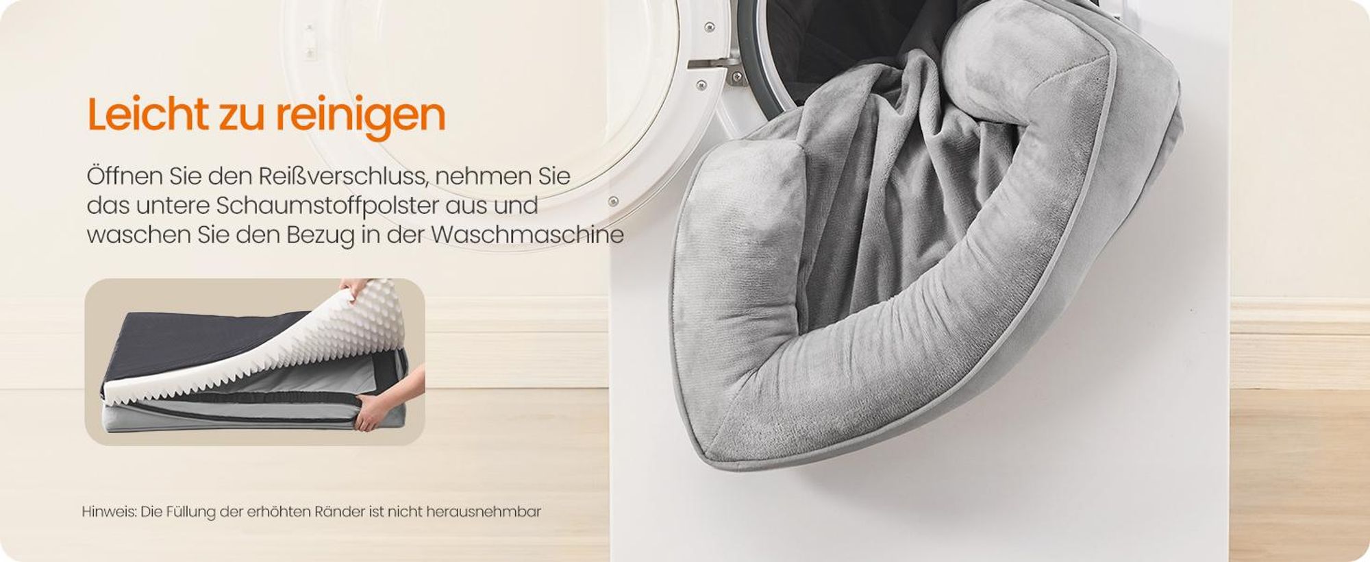 FEANDREA Orthopädisches Hundebett XXXL, abnehmbarer Bezug, erhöhte Ränder, rutschfest, waschbar, Haustierbett, hellgrau