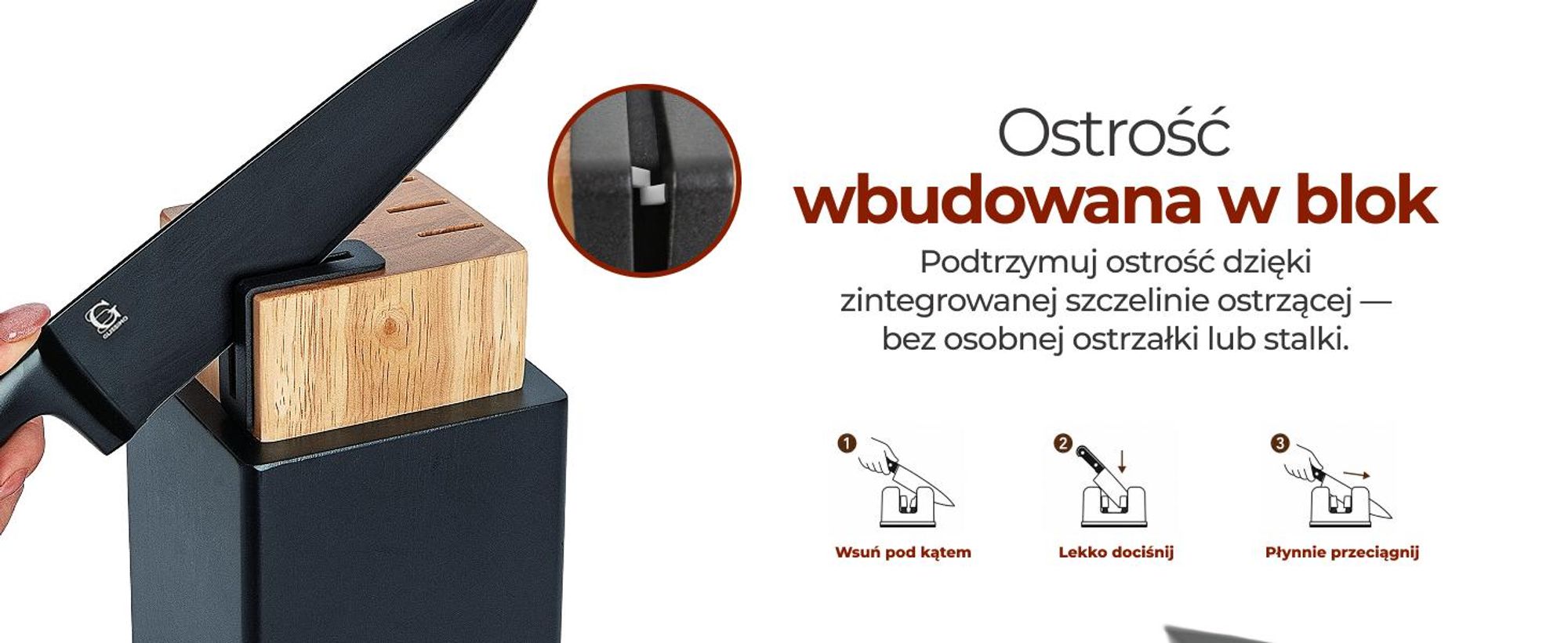 Glissimo Magnetyczny blok na noże – bez noży – z wbudowaną ostrzałką – antypoślizgowa podstawa – drewniany uchwyt na noże do kuchni