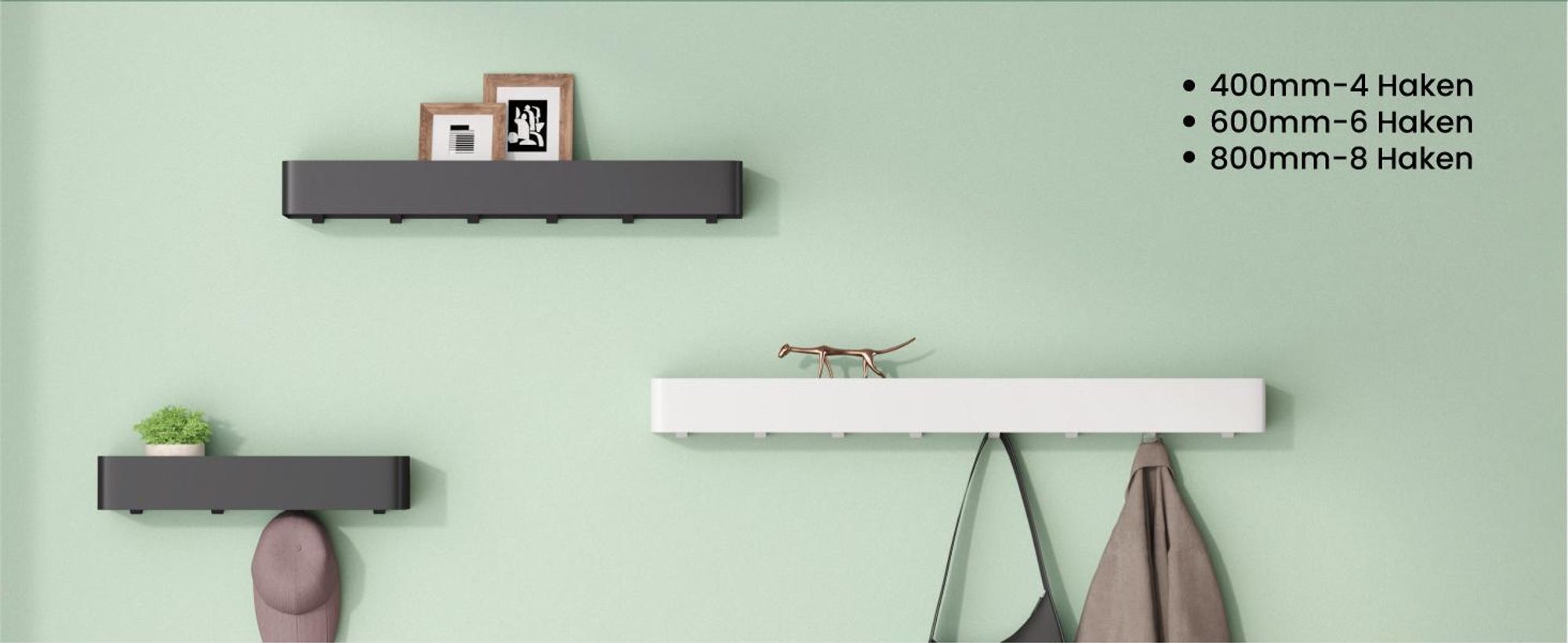 Mai & Mai Wandgarderobe mit Ablage und 4 Haken, Garderobenleiste 40 cm zur Wandmontage, Kleiderhaken für Flur, Badezimmer Sandschwarz Reglo-05