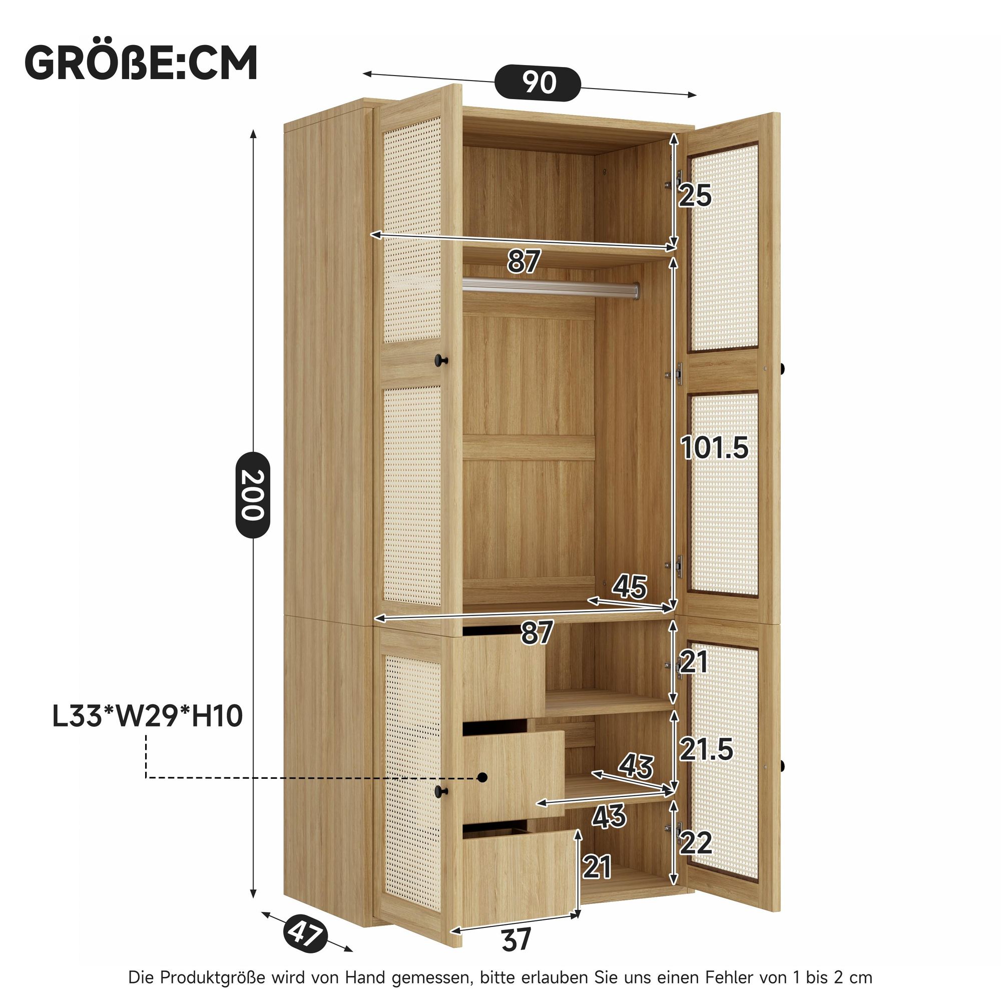 Flieks Kleiderschrank mit Rattan-Geflecht, Garderobe mit Kleiderstange und Schubladen, Hochschrank mit Staufächern, 90 x 47 x 200 cm, Natur, MDF