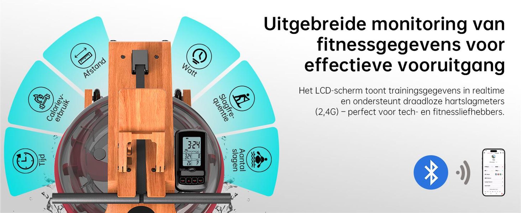 JASPORT R3 opvouwbare roeimachine vangecertificeerd eikenhout met waterweerstand, Bluetooth, LCD, Kinomap, 28 l, tot 150 kg – Cherry
