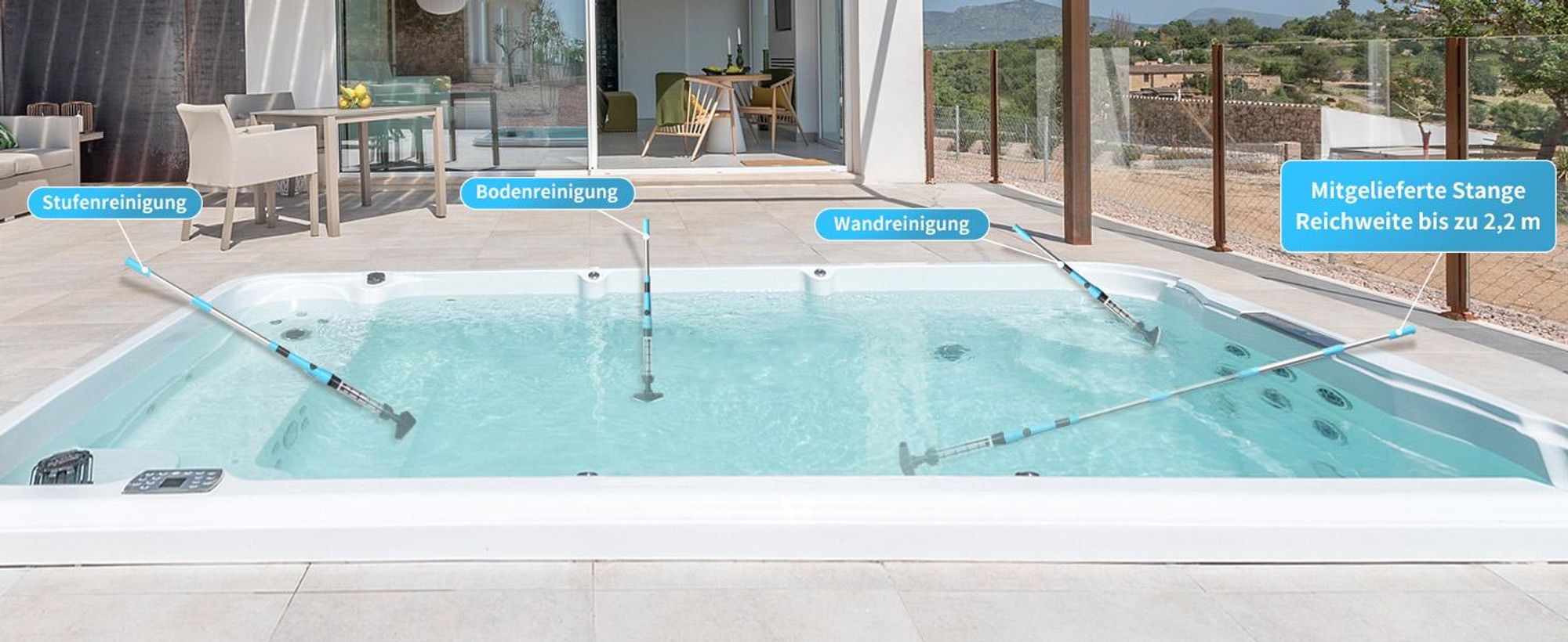 FCH Poolsauger, Kabelloser Poolsauger mit Teleskopstange, 60 Minuten Laufzeit, für kleine Pools, Spas 18W Blau