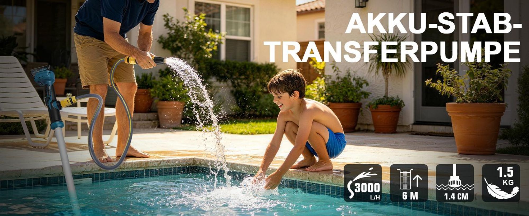 3000 L/h Akku Regenfasspumpe mit 2×2.0Ah Akku & Gartensprühdüse Kabellose Stab-Transferpumpe Elektro Wasserpumpe für Pool/Garten/Teich/Wohnmobil/Boot