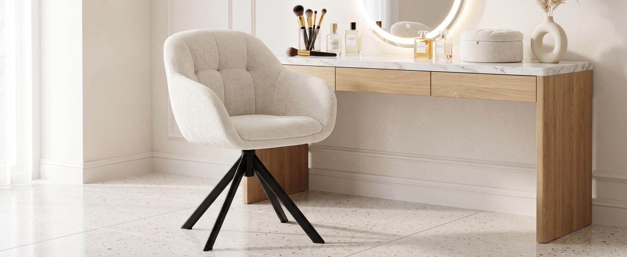 Duhome loungestoel, 360° draaibaar, armleuningstoel van chenillestof, make-uptafelstoel met metalen frame, eetkamerstoel, beige