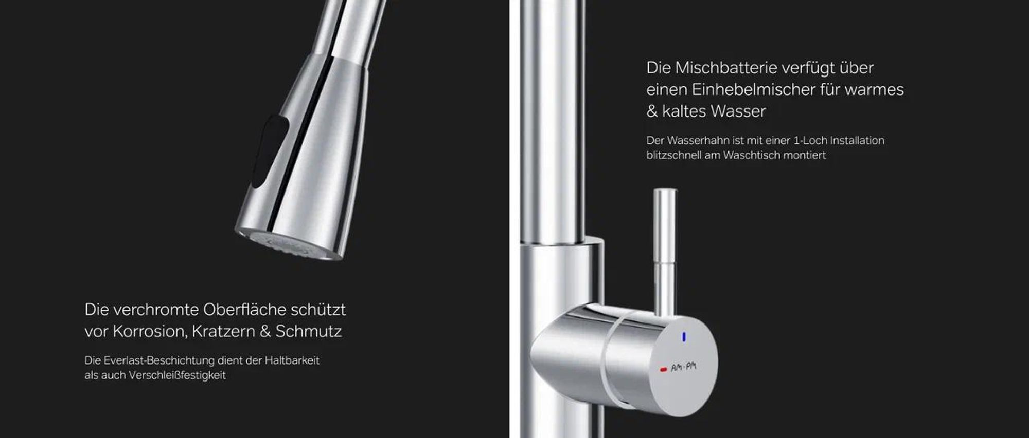 AM.PM Wasserhahn Küche Chrom Hochdruck Küchenarmatur Ausziehbar 360° Drehbar, Mischbatterie Küche Wasserhahn Ausziehbar mit 2 Modus, Armatur Küche