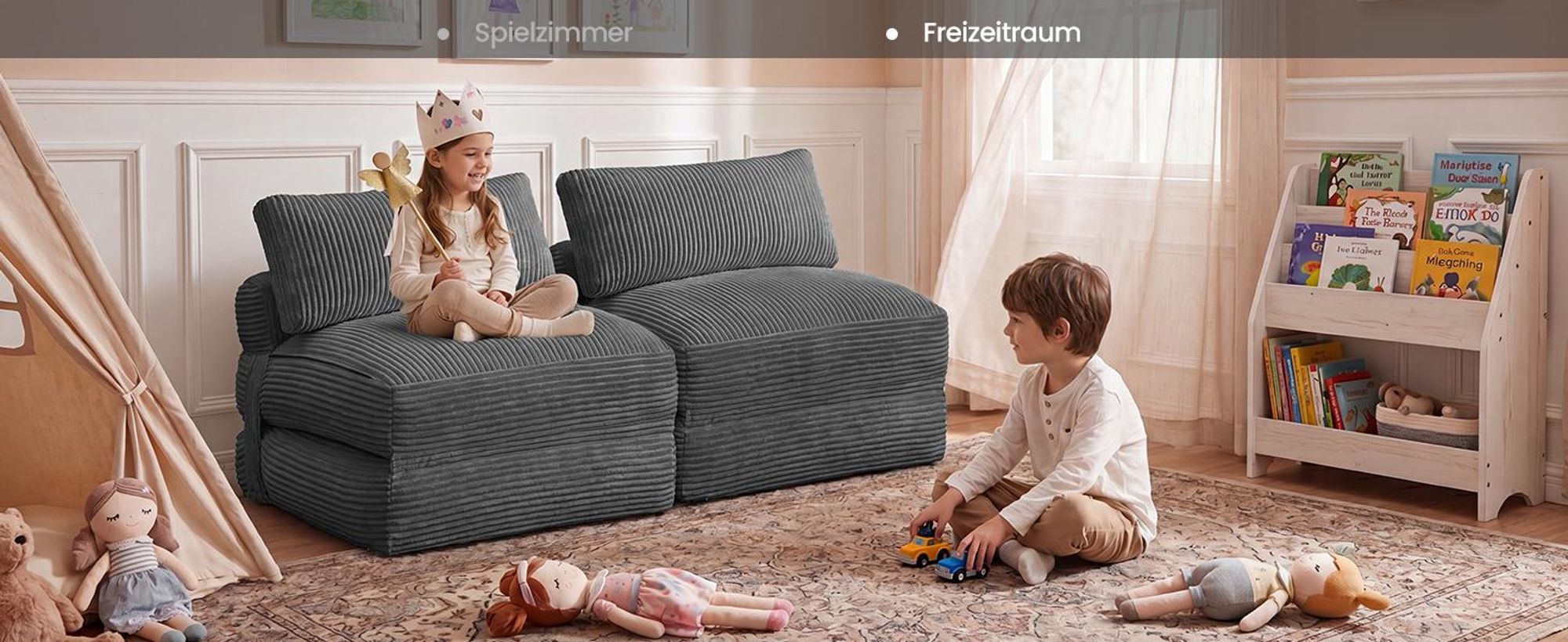 VASAGLE Faltbarer Schlafsessel aus Cord und Schaumstoff, Sofabett mit Kissen, 89 x 89 x 78 cm / 89 x 195 x 43 cm, Grau