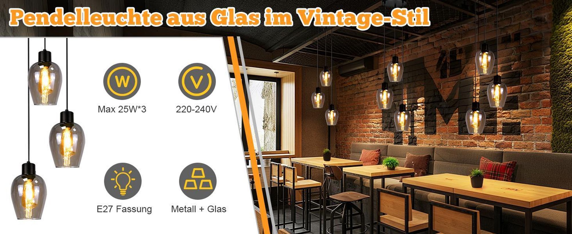 ZMH Hängelampe Schwarz Pendelleuchte 3 Flammig - Vintage Hängeleuchte Esstisch E27 Küchenlampe Hängend Industrial Rauchglas für Esszimmer Schlafzimmer Wohnzimmer Ohne Lichtquelle